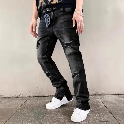 Men'S Fashion Washed Ripped Zipper Jeans