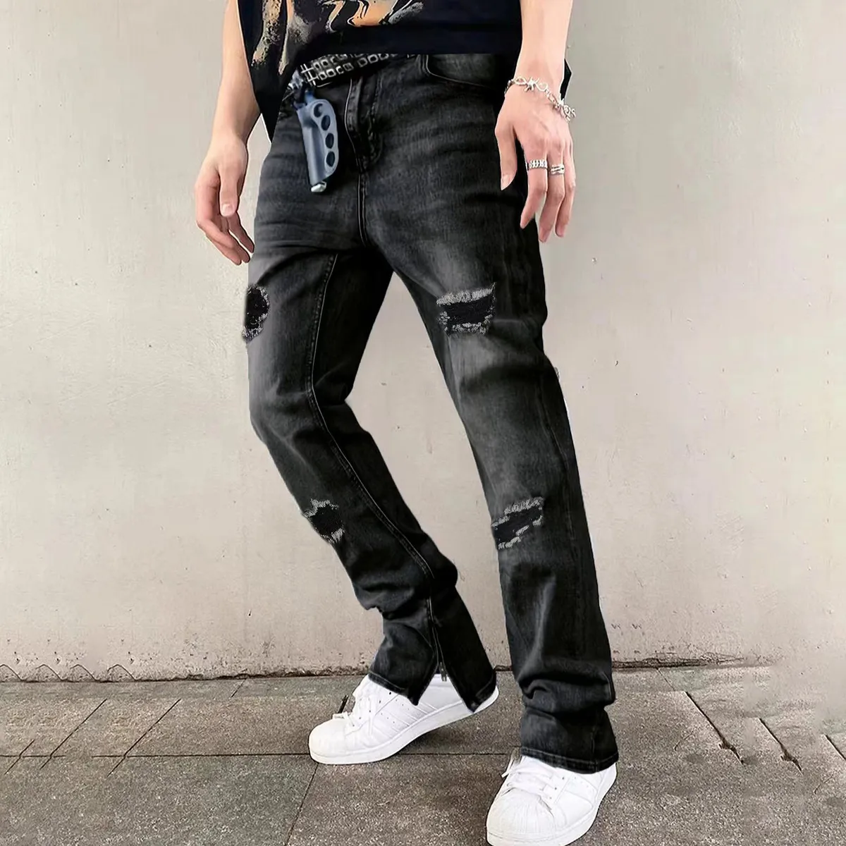 Men'S Fashion Washed Ripped Zipper Jeans