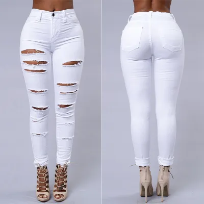 Women Fashion Sexy Solid Color Ripped Skinny Jeans