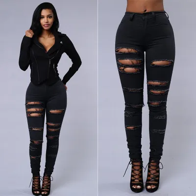 Women Fashion Sexy Solid Color Ripped Skinny Jeans