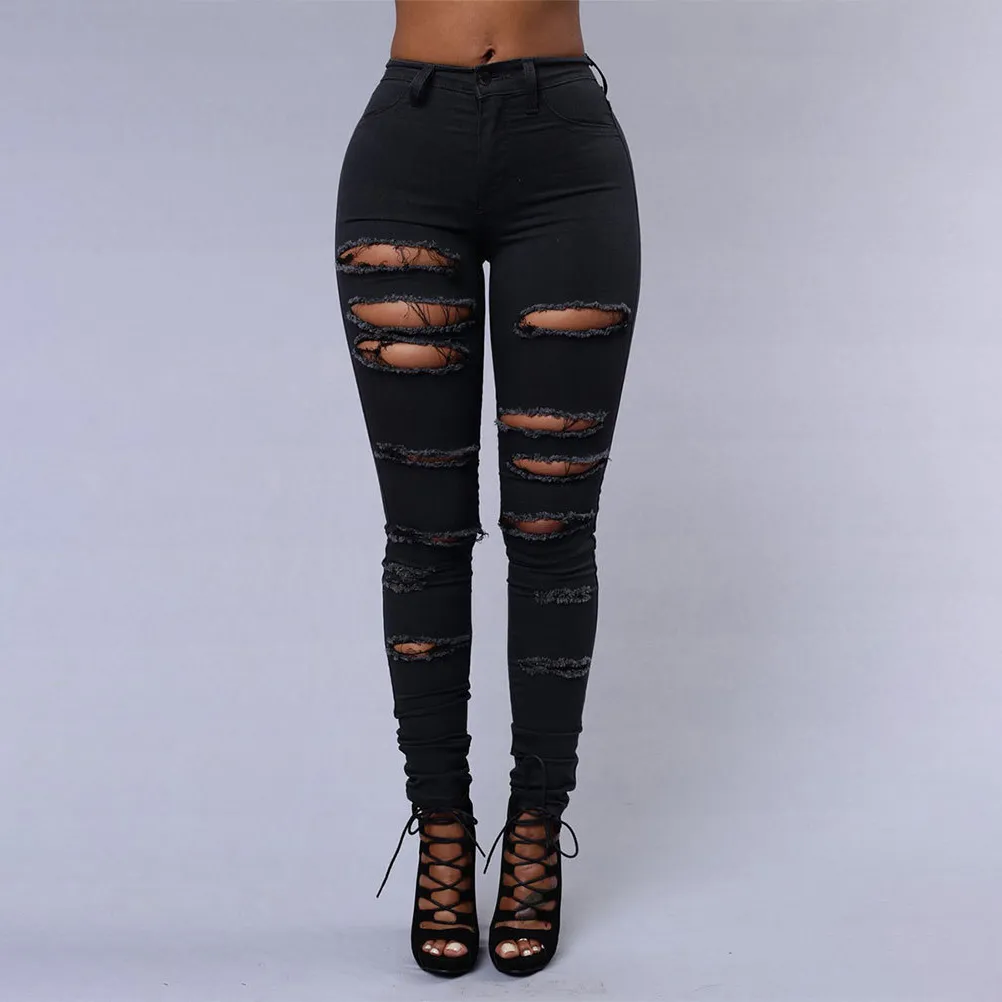 Women Fashion Sexy Solid Color Ripped Skinny Jeans