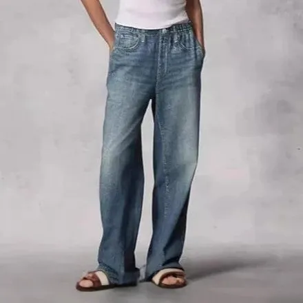 Women Fashion Casual Washed Loose Wide-Leg Straight Jeans