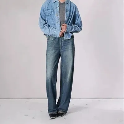 Women Fashion Casual Washed Loose Wide-Leg Straight Jeans