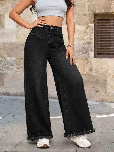 Women Fashion Casual Washed Old High Waist Loose Wide Leg Jeans
