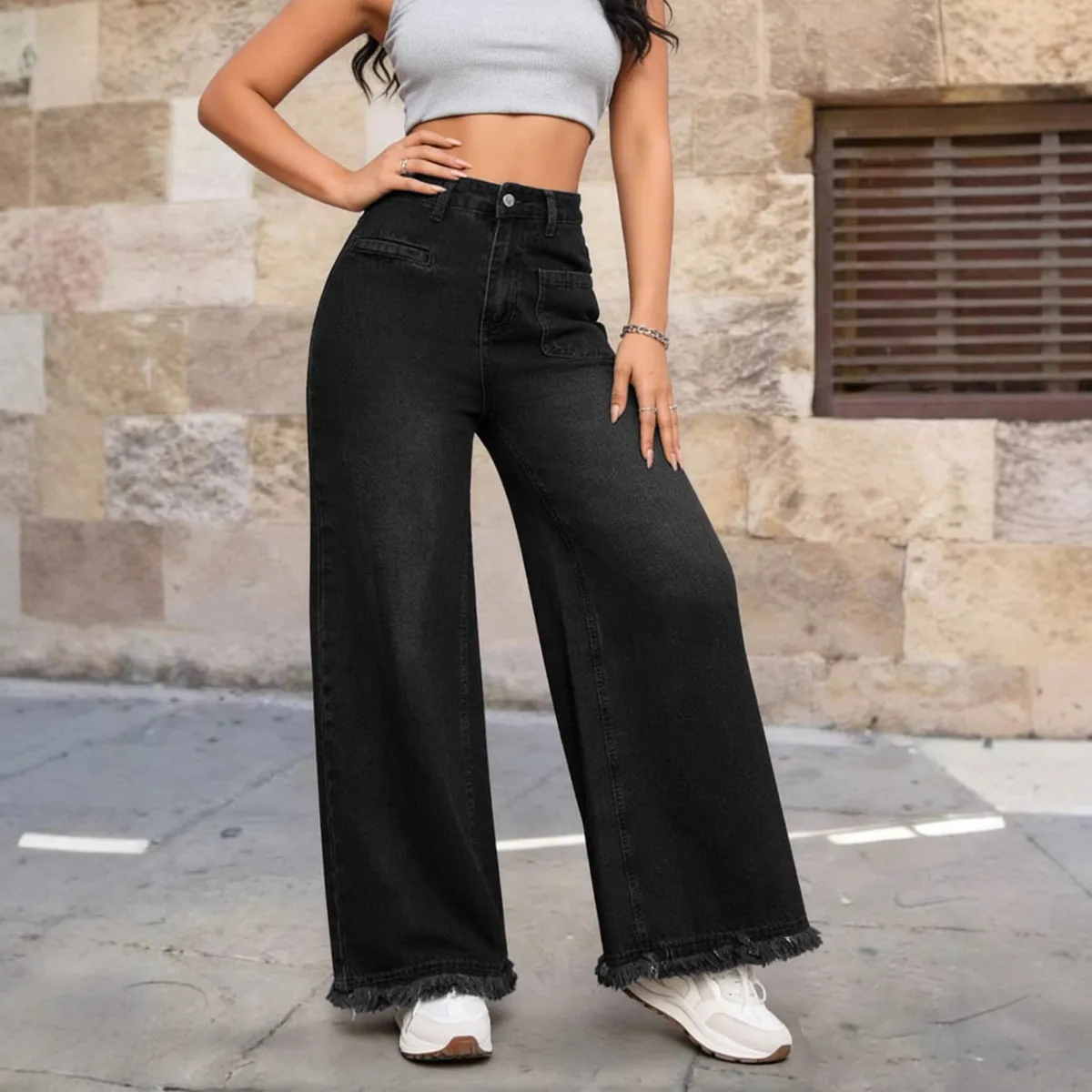 Women Fashion Casual Washed Old High Waist Loose Wide Leg Jeans