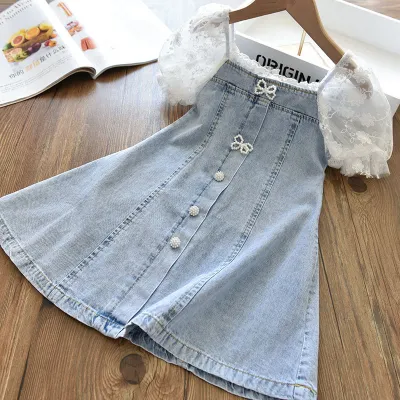 Kids Girls Fashion Elegant Pearl Sauerse Sleeve Stitching Denim Dress