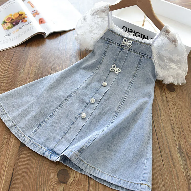 Kids Girls Fashion Elegant Pearl Sauerse Sleeve Stitching Denim Dress