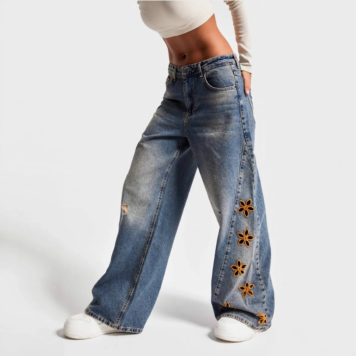 Women Fashion Casual Embroidered Flower Hollow-Out Wide Leg Jeans