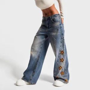 Women Fashion Casual Embroidered Flower Hollow-Out Wide Leg Jeans
