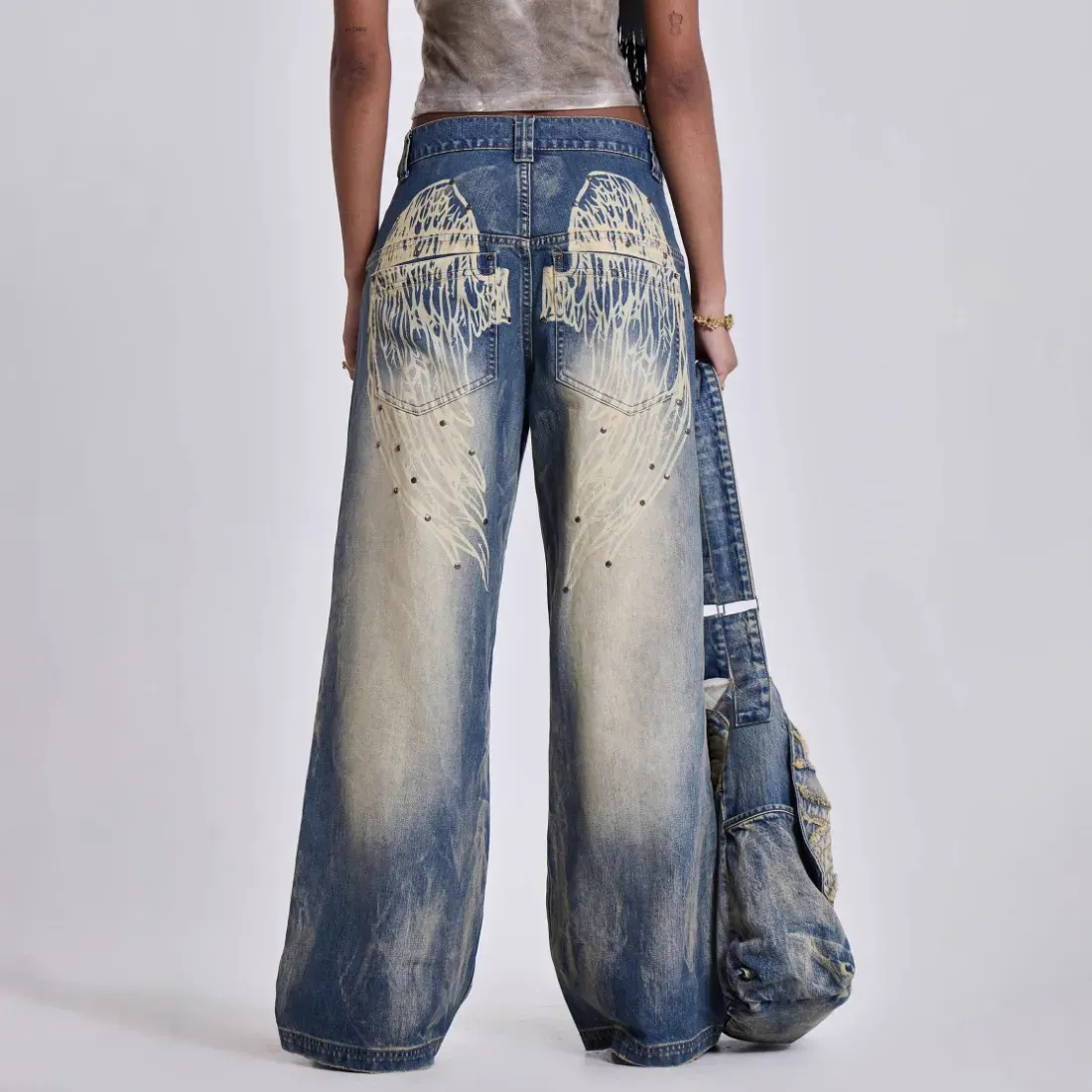 Women Fashion Casual Washed Old Gradient Loose Wide Leg Jeans
