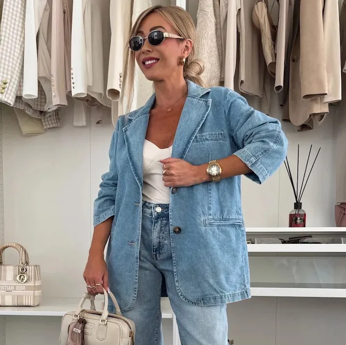 Women Fashion Casual Washed Lapel Long-Sleeve Loose Denim Coat
