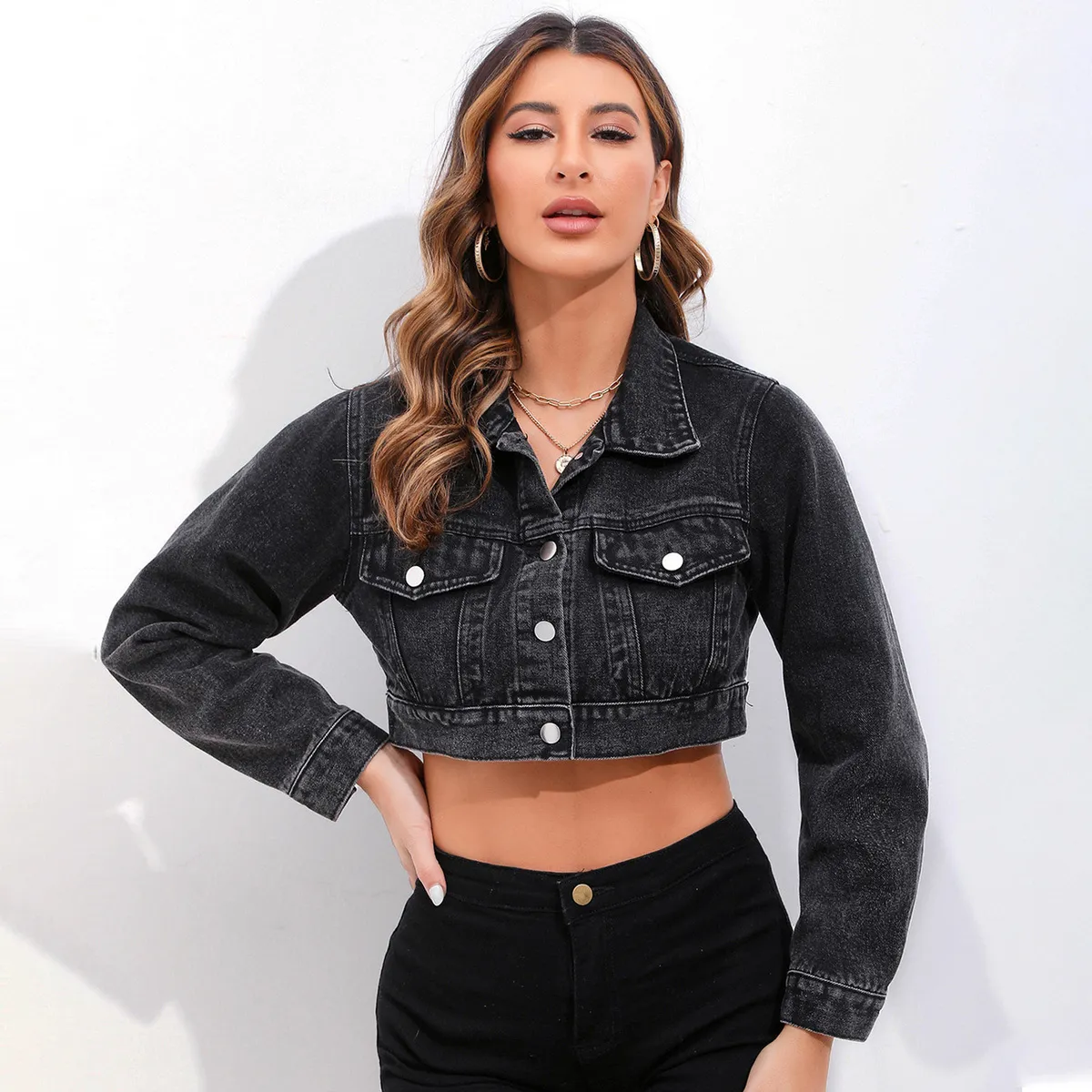 Women Fashion Casual Lapel Long-Sleeve Loose Denim Jacket