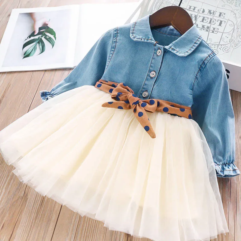 Kids Girls Fashion Casual Autumn Mesh Stitching Lapel Long-Sleeve Denim Dress