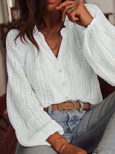 Women Fashion Casual Spring And Autumn Solid Color Hollow Lace V-Neck Single-Breasted Long-Sleeve Loose Blouse