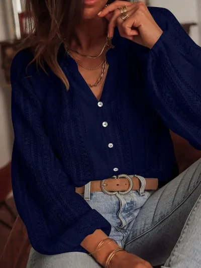 Women Fashion Casual Spring And Autumn Solid Color Hollow Lace V-Neck Single-Breasted Long-Sleeve Loose Blouse