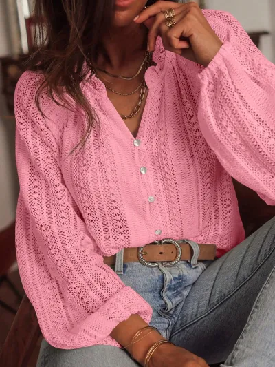 Women Fashion Casual Spring And Autumn Solid Color Hollow Lace V-Neck Single-Breasted Long-Sleeve Loose Blouse
