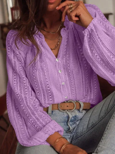 Women Fashion Casual Spring And Autumn Solid Color Hollow Lace V-Neck Single-Breasted Long-Sleeve Loose Blouse