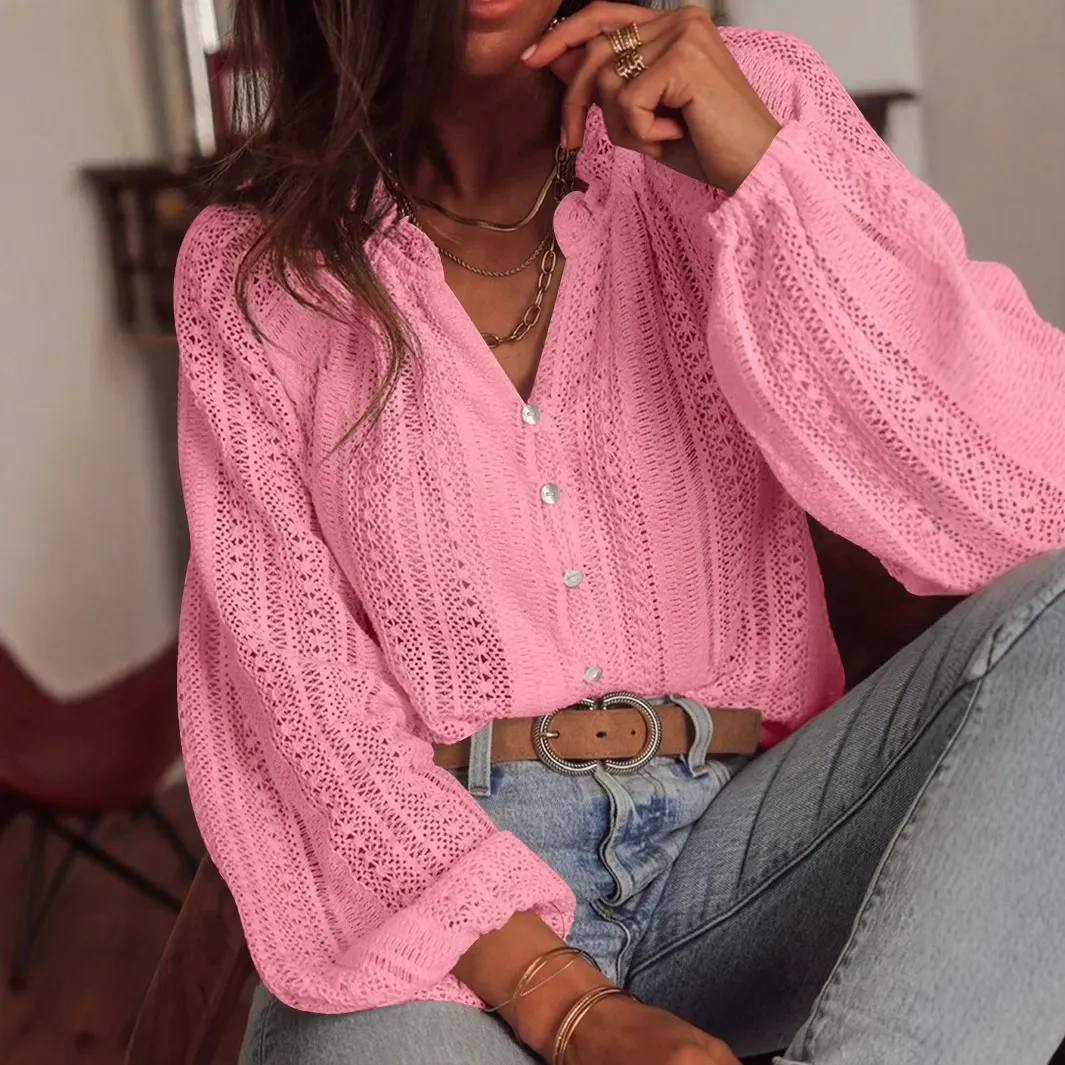 Women Fashion Casual Spring And Autumn Solid Color Hollow Lace V-Neck Single-Breasted Long-Sleeve Loose Blouse