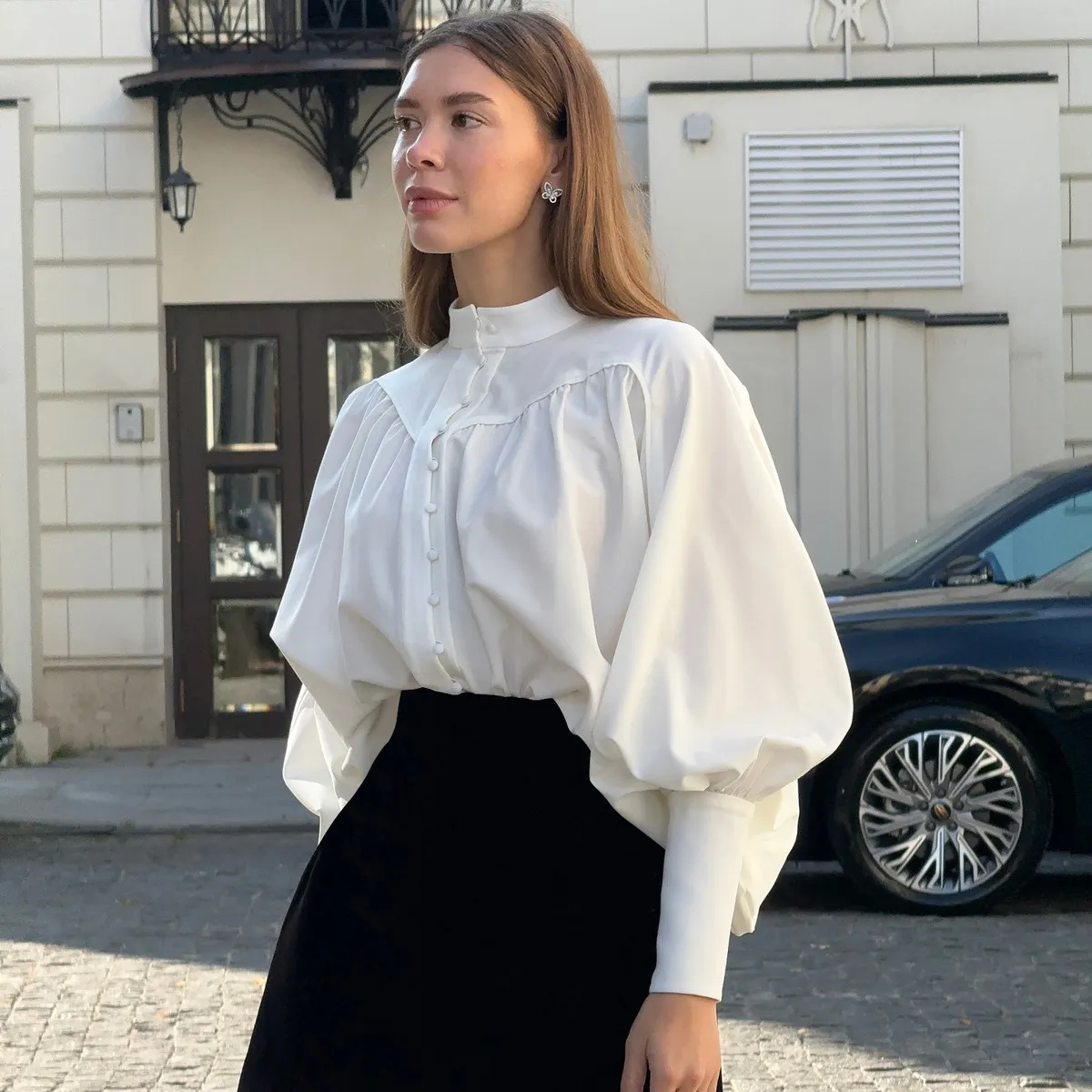 Women Fahsion Elegant Spring And Summer Solid Color Puff Sleeve Loose Blouse