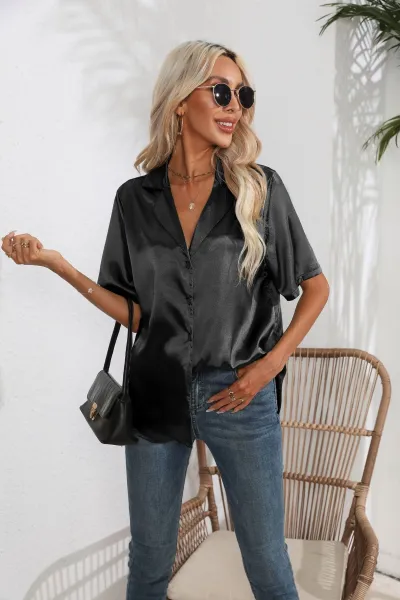 Women Fashion Casual Summer Solid Color Satin Silk Lapel Short Sleeve Blouse