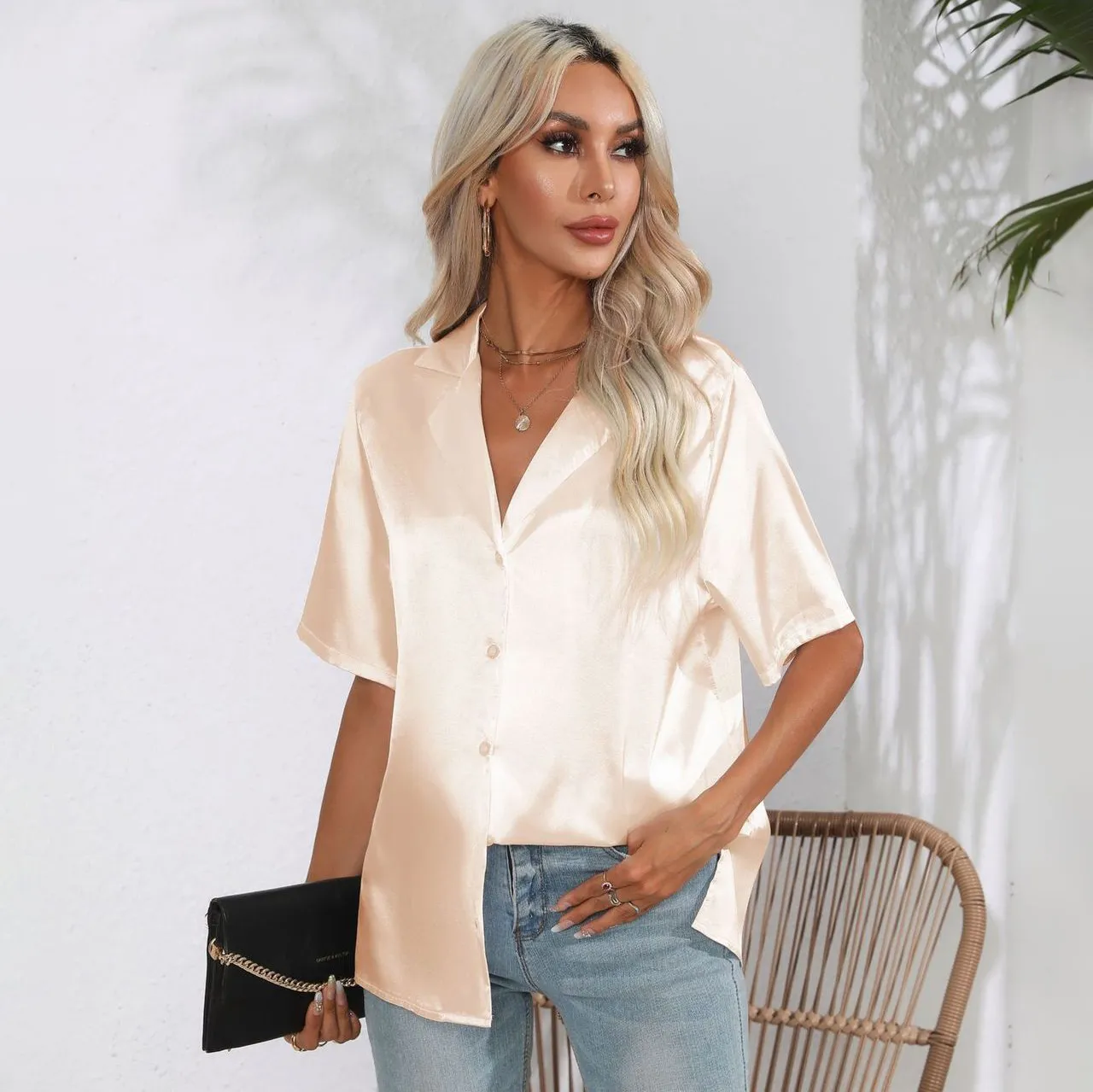 Women Fashion Casual Summer Solid Color Satin Silk Lapel Short Sleeve Blouse