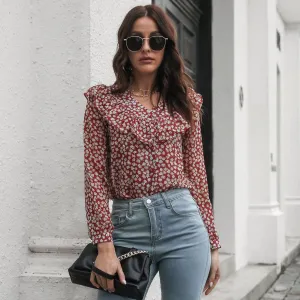 Women Fashion Casual Spring And Summer Printed Ruffled V-Neck Long Sleeve Loose Chiffon Blouse