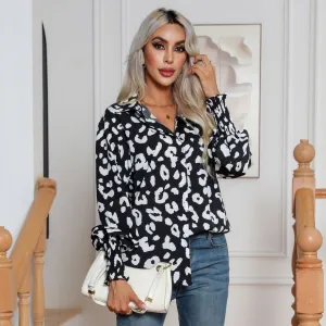 Women Fashion Casual Leopard Printed Lapel Lantern Sleeve Blouse
