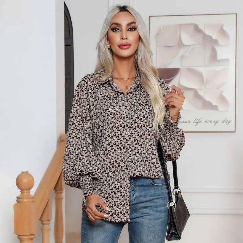 Women Fashion Casual Geometric Print Lapel Lantern Sleeve Blouse
