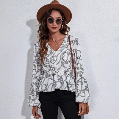 Women Fashion Casual Printed Chiffon V-Neck Tight Waist Lantern Sleeve Blouse