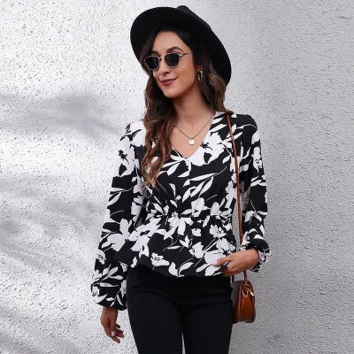 Women Fashion Casual Printed Chiffon V-Neck Tight Waist Lantern Sleeve Blouse