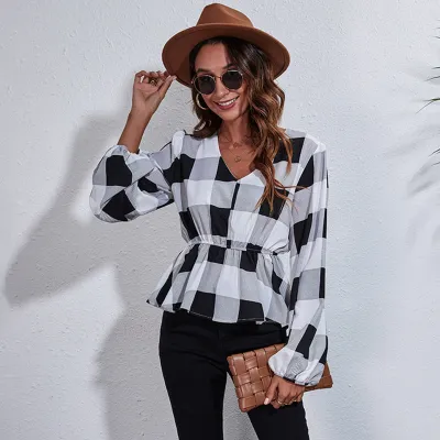 Women Fashion Casual Printed Chiffon V-Neck Tight Waist Lantern Sleeve Blouse