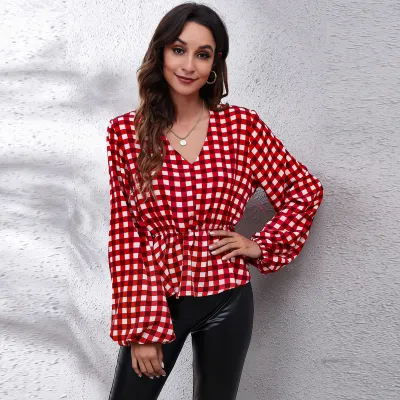 Women Fashion Casual Printed Chiffon V-Neck Tight Waist Lantern Sleeve Blouse