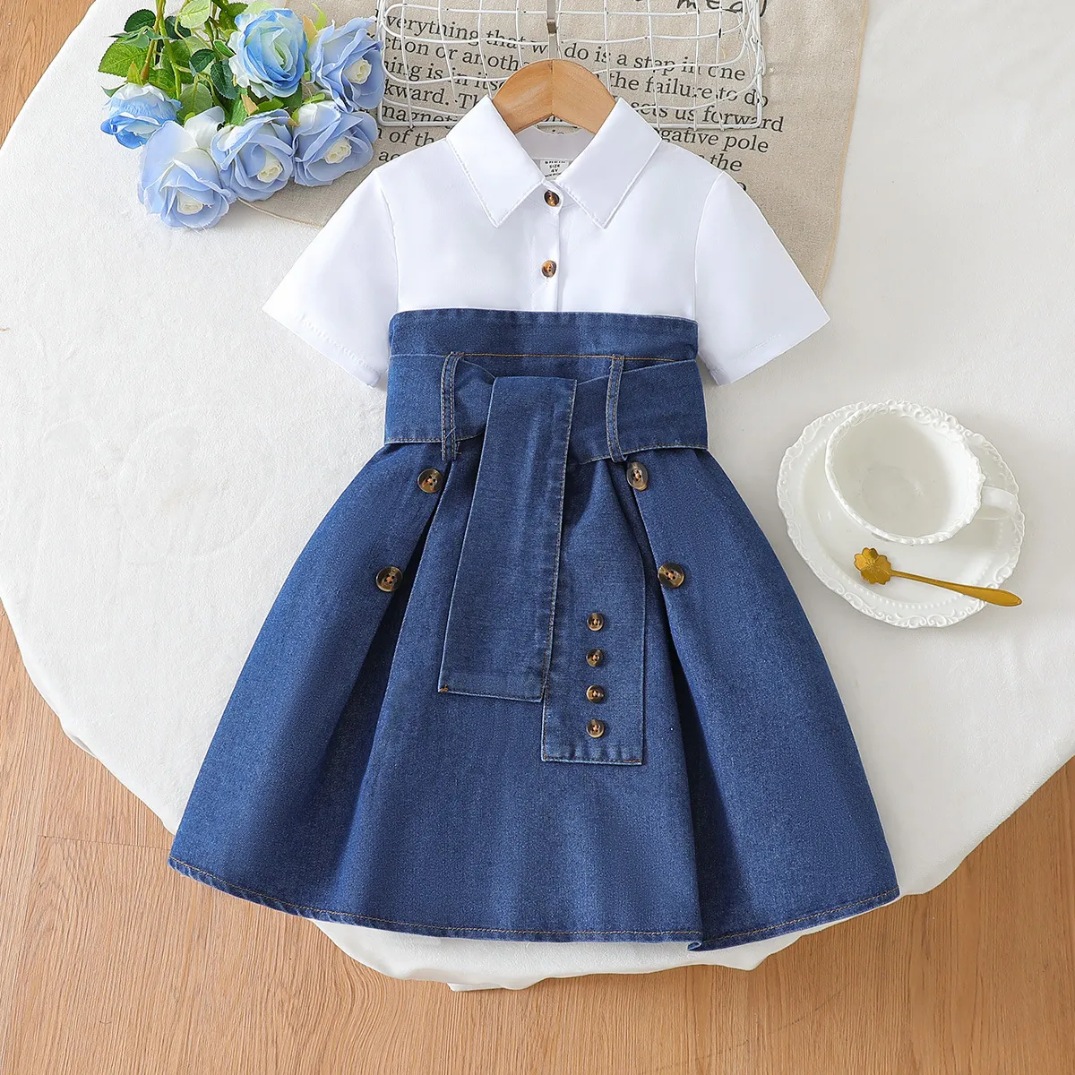 Kids Girl Fashion Stitching Lapel Short-Sleeve Denim A-Line Dress