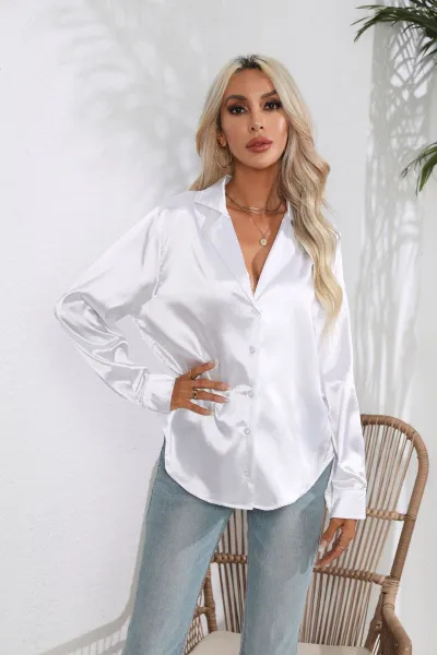 Women Fashion Casual Solid Color Satin Silk Lapel Long Sleeve Blouse