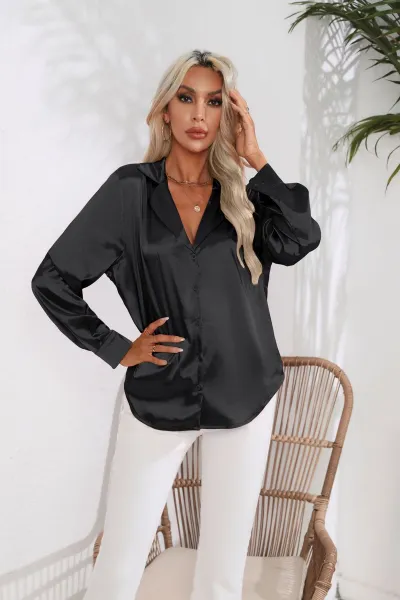 Women Fashion Casual Solid Color Satin Silk Lapel Long Sleeve Blouse