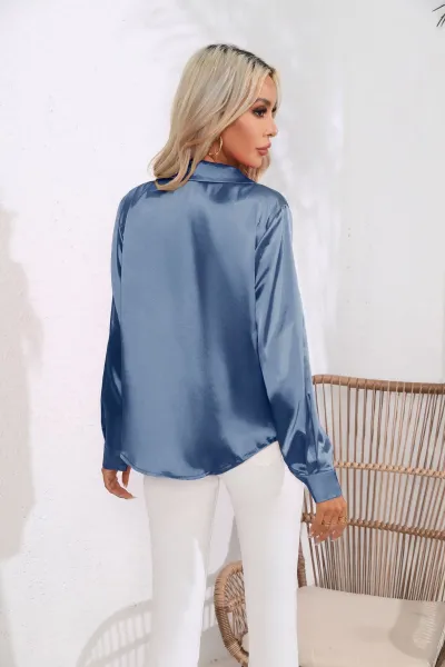 Women Fashion Casual Solid Color Satin Silk Lapel Long Sleeve Blouse
