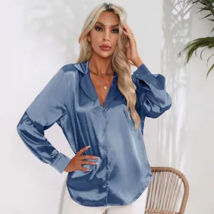 Women Fashion Casual Solid Color Satin Silk Lapel Long Sleeve Blouse