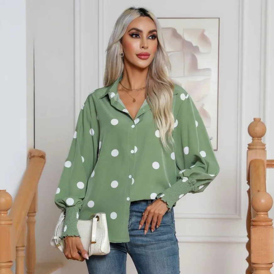 Women Fashion Casual Polka Dot Print Lapel Lantern Sleeve Loose Blouse