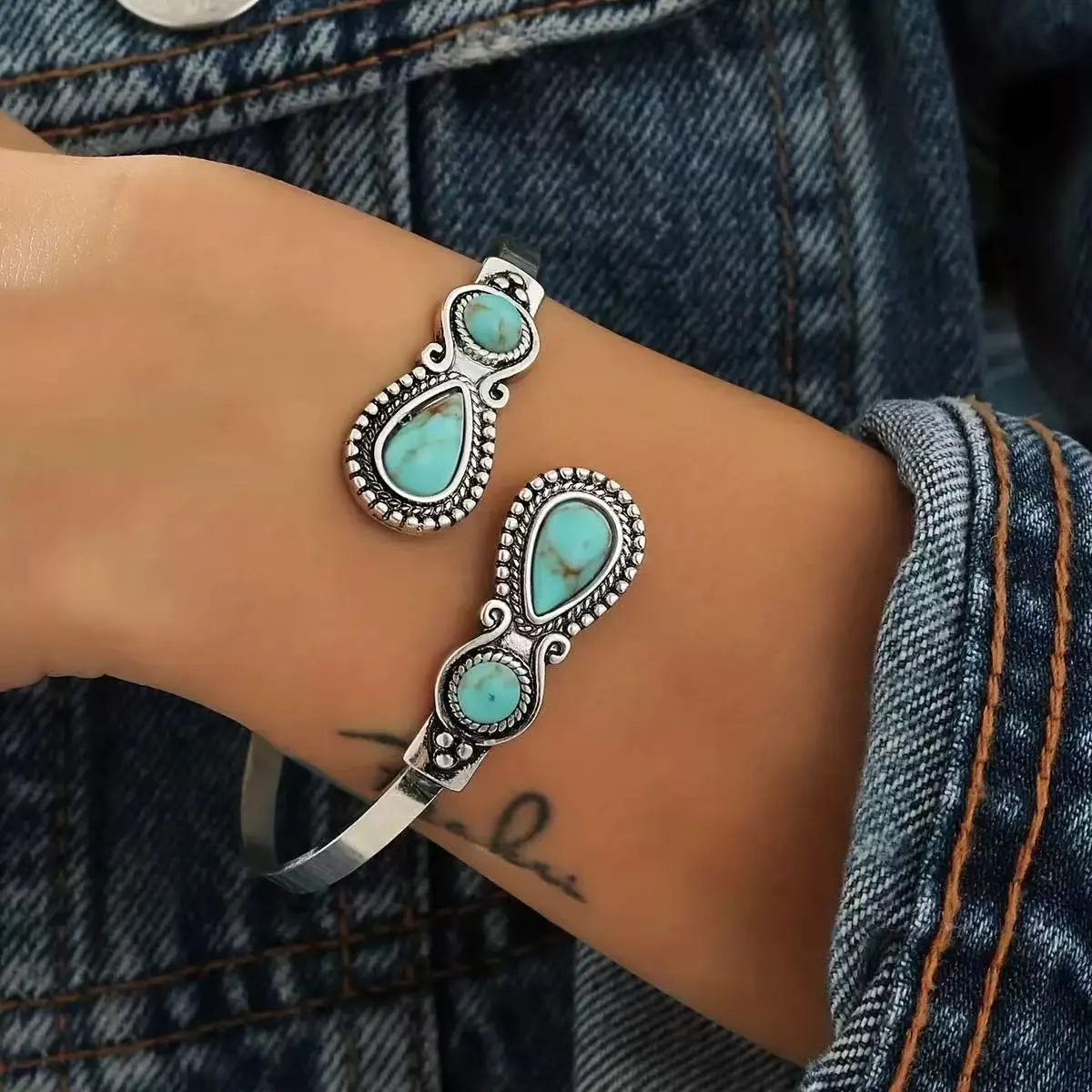 Women Fashion Retro Ethnic Style Imitation Turquoise Open Bracelet