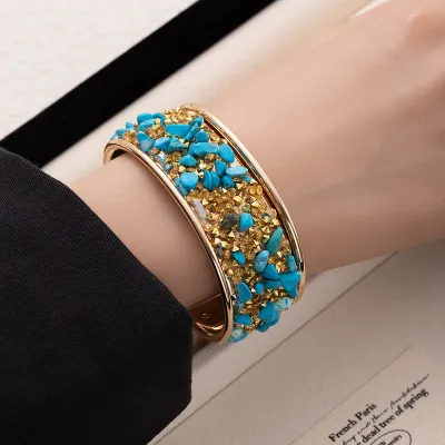 Women Fashion Multicolor Rhinestone Gravel Wide-Faced Open Bracelet