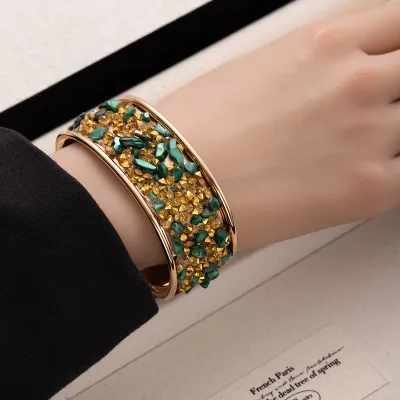 Women Fashion Multicolor Rhinestone Gravel Wide-Faced Open Bracelet