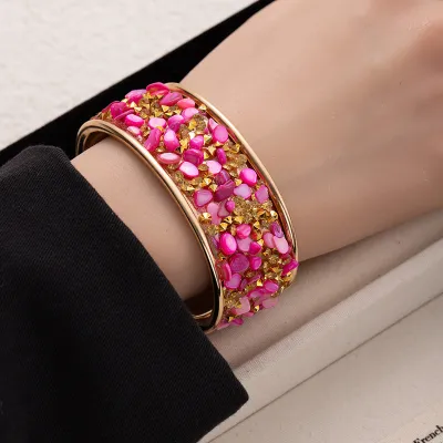 Women Fashion Multicolor Rhinestone Gravel Wide-Faced Open Bracelet