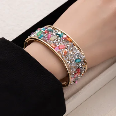Women Fashion Multicolor Rhinestone Gravel Wide-Faced Open Bracelet