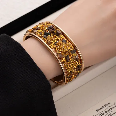 Women Fashion Multicolor Rhinestone Gravel Wide-Faced Open Bracelet