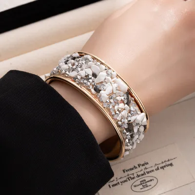 Women Fashion Multicolor Rhinestone Gravel Wide-Faced Open Bracelet
