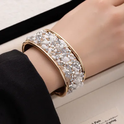 Women Fashion Multicolor Rhinestone Gravel Wide-Faced Open Bracelet