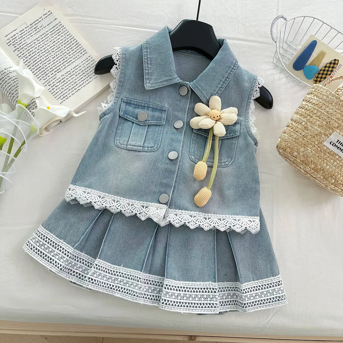 Kids Girl Fashion Casual Summer Lapel Sleeveless Vest Ruffled Skirt Denim Two-Piece Set