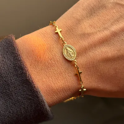 Women Fashion Religious Totem Pendant Cross Plated 18k Gold Bracelet