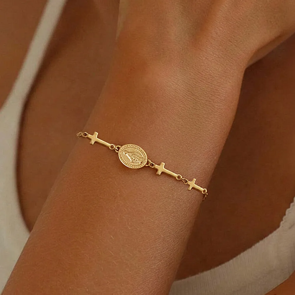 Women Fashion Religious Totem Pendant Cross Plated 18k Gold Bracelet