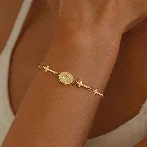 Women Fashion Religious Totem Pendant Cross Plated 18k Gold Bracelet